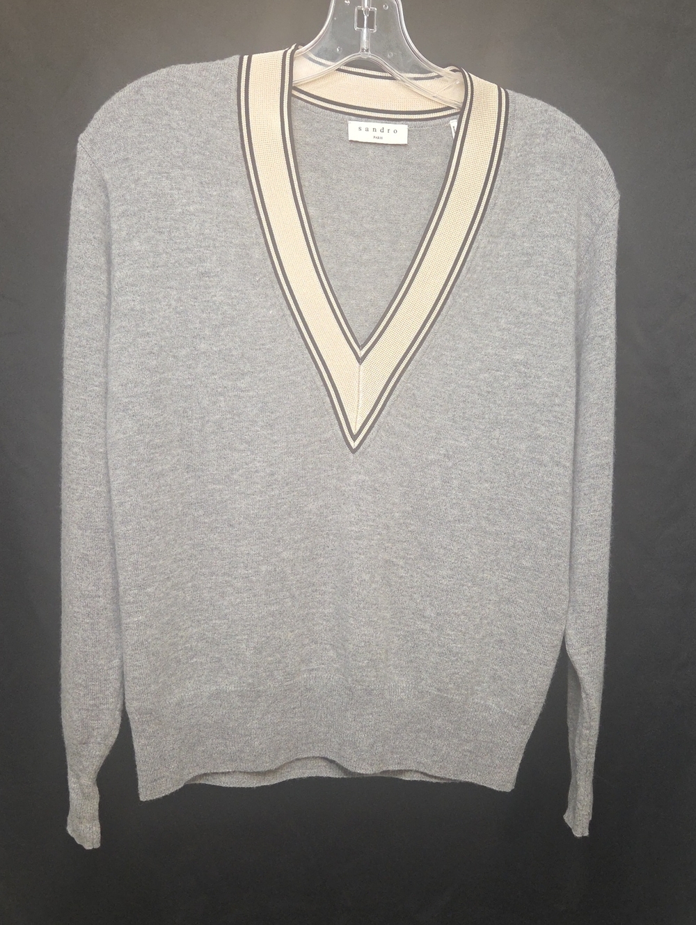 Sandro Paris Gray Wool Cashmere Contrast Deep V-Neck Varsity Sweater Size 0 XS